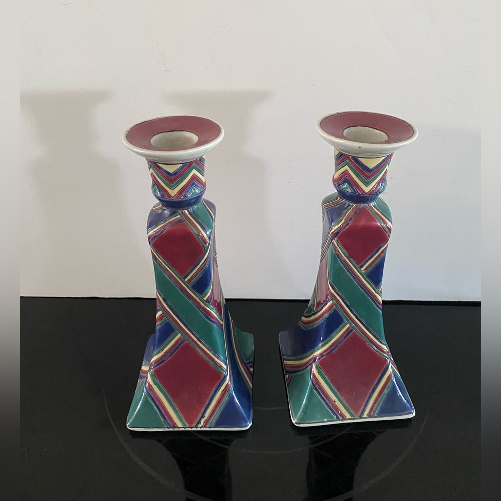 Vintage Oklahoma Importing Company Hand Painted Ceramic 8.5” Pair Candle Holders